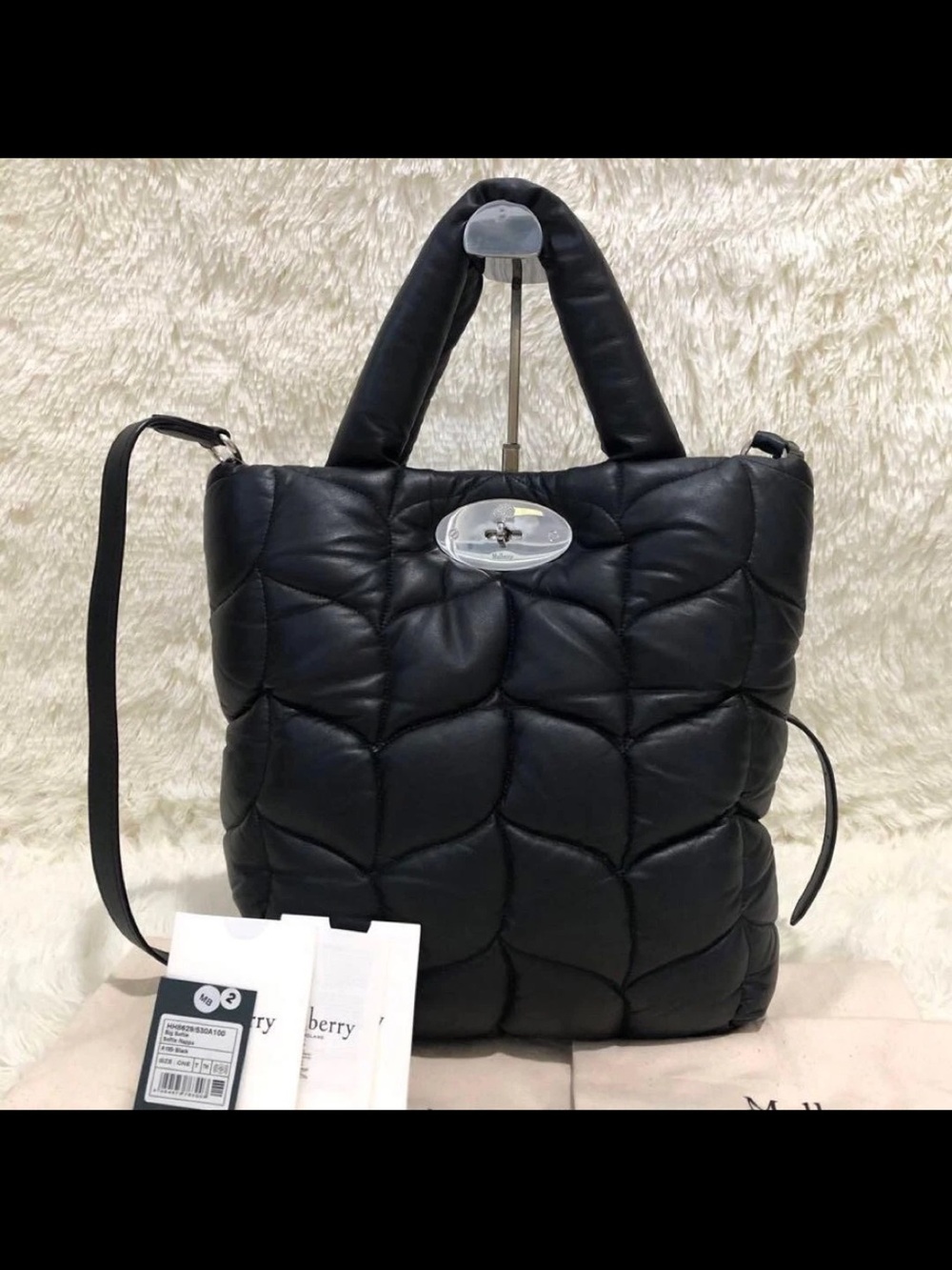 Mulberry Black Quilted Puffer Tote with Turn-Lock Hardware